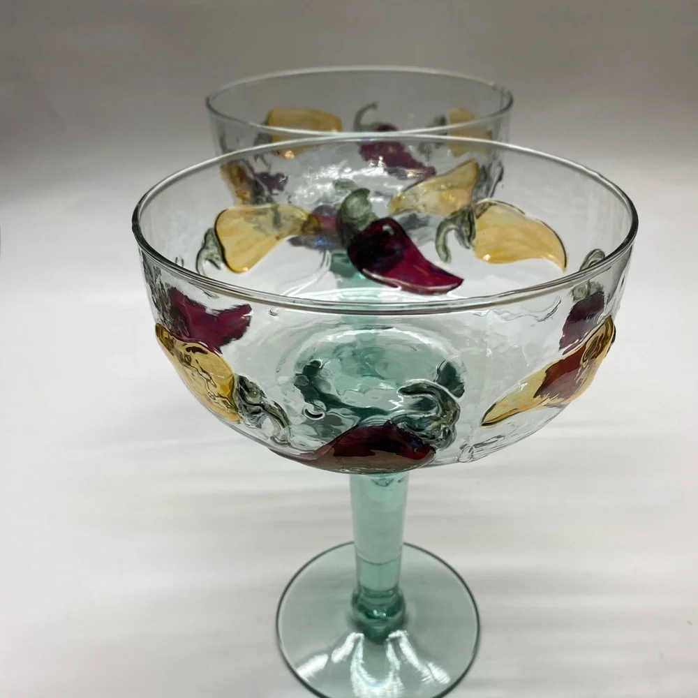 Artisanal Hand Blown Mexican Margarita Glasses Chili Pepper Motif Vintage ‘90s